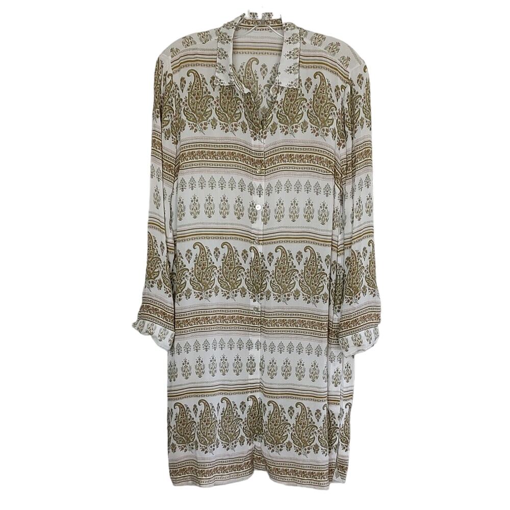 J Jill Paisley Print‎ Coverup Button Front Rayon Shirt Dress Olive White XL